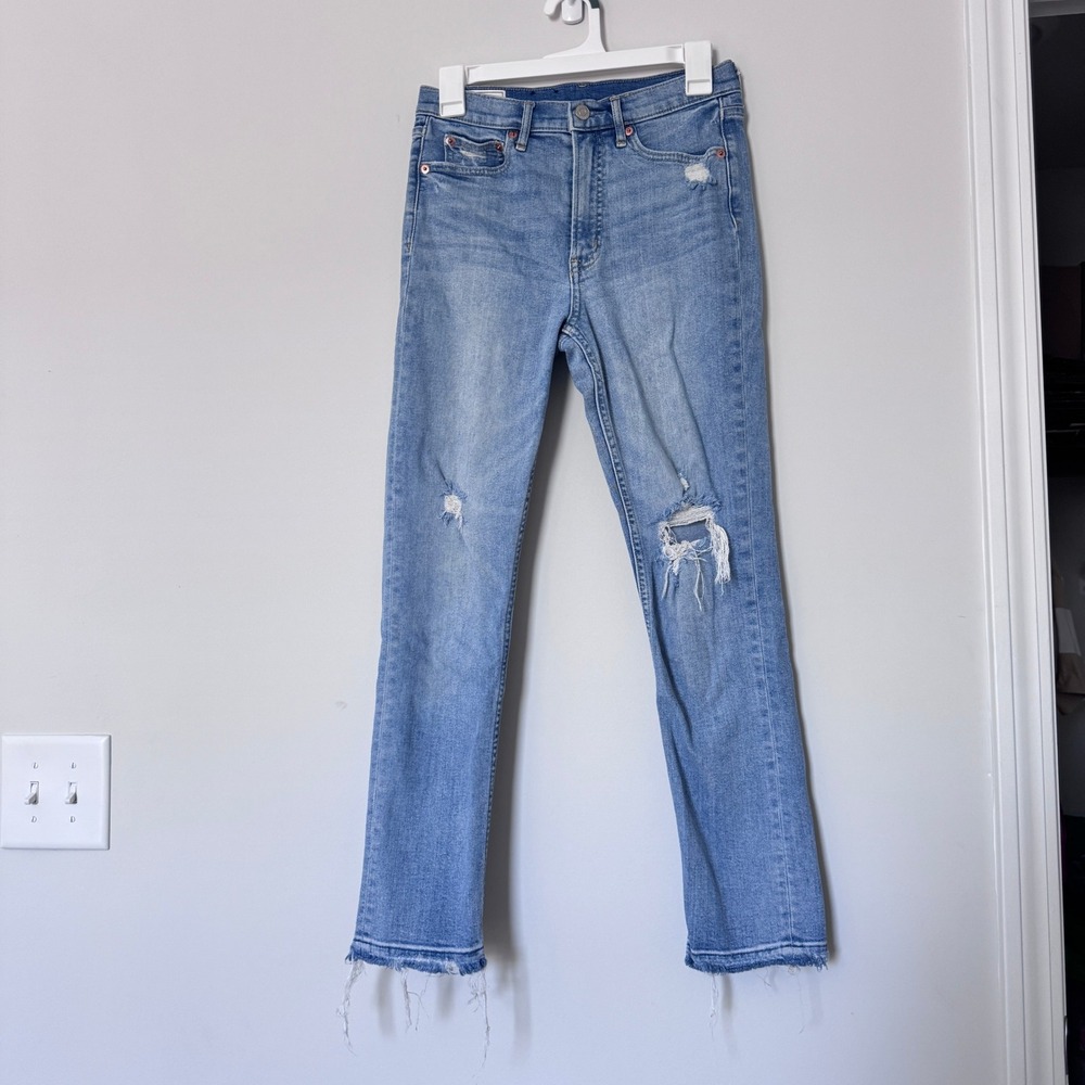 Gap Cigarette High Rise Distressed Jeans Medium Wash Raw Hem Size 27/4